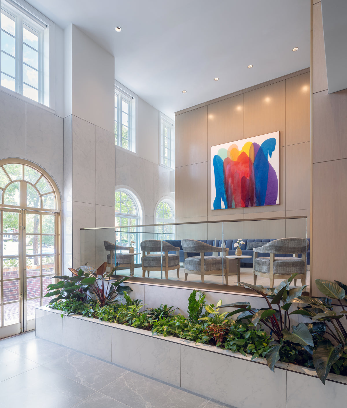 Large contemporary abstract artwork curated by Morton Contemporary Art Advisory for senior living front lobby