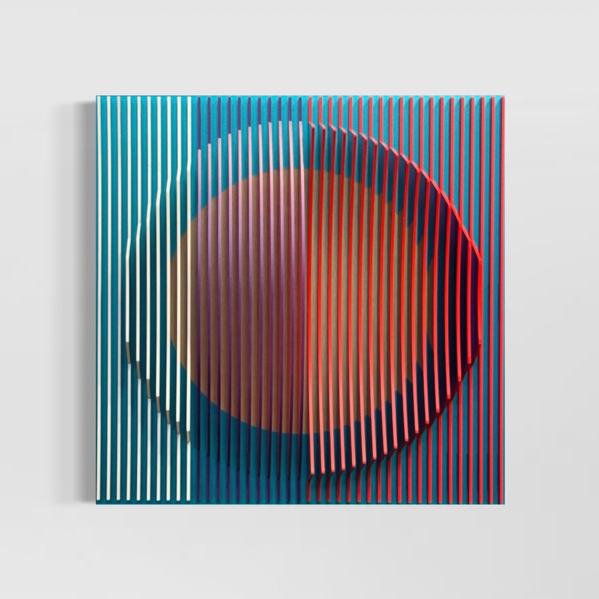 Abstract contemporary artwork with concentric striped circles in blue, teal, orange and red tones, curated by Morton Contemporary Art Advisory