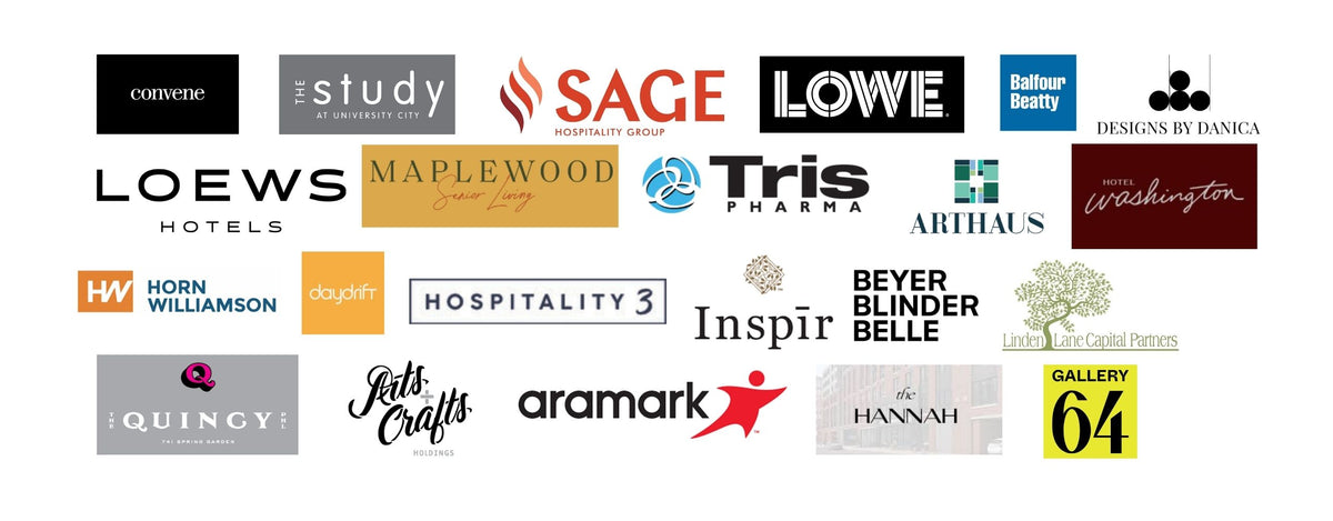 Morton Contemporary Art Advisory client logos including Loews Hotels, Inspir, Aramark, Arthaus, Sage Hospitality, and Gallery 64
